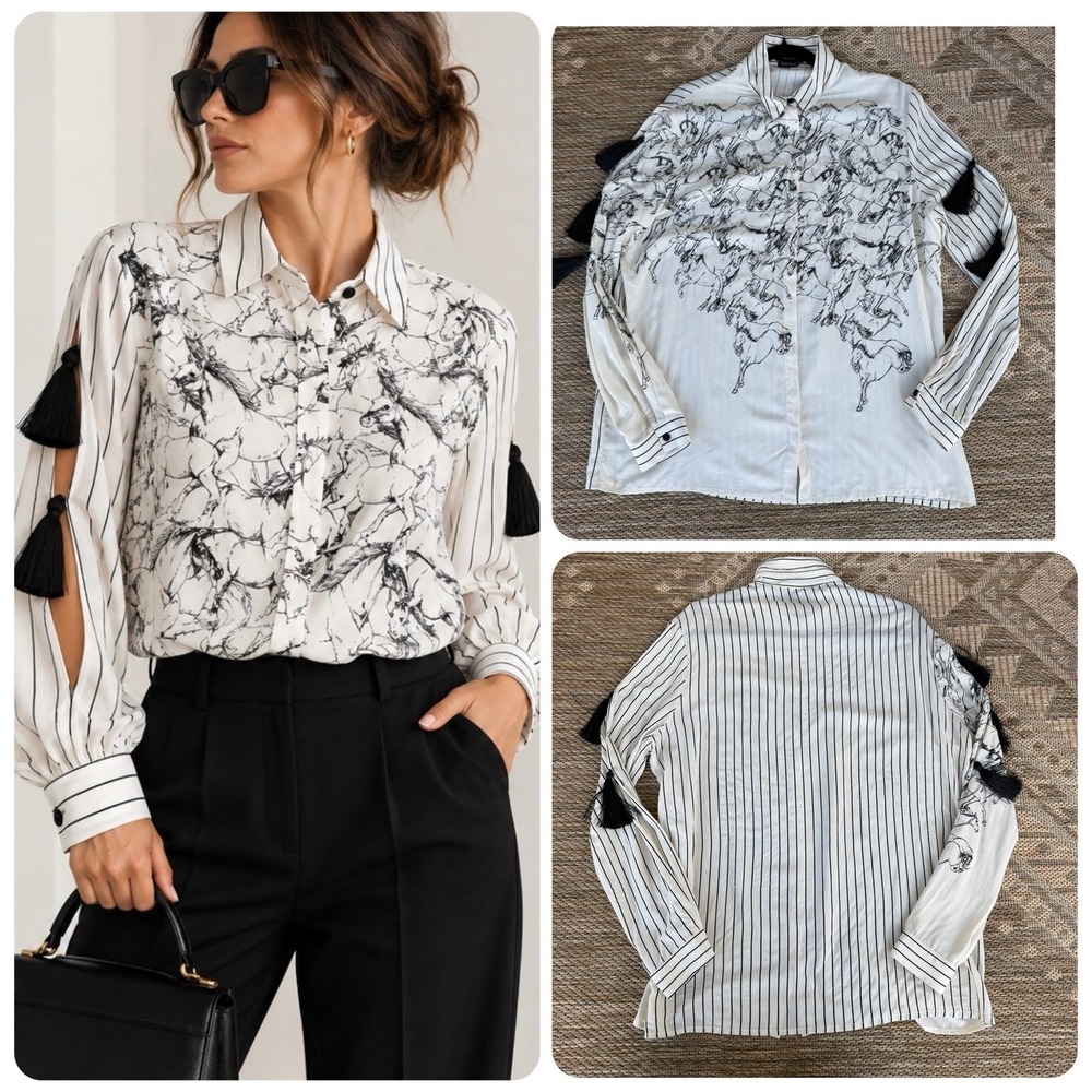 Isabel de Pedro Horse Print Blouse US 10 Equestrian Tassel Keyhole Art to Wear